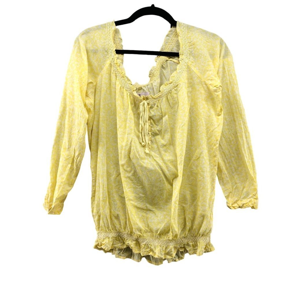 LTB Off Shoulder Blouse Womens M Yellow Ruffle Smocked 3/4‎ Sleeve Lightweight